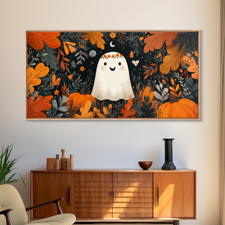 The Ghost With A Flower Crown, Vector Halloween Art, Wide Panoramic Art, Framed Canvas Print, Cute Halloween Wall Art