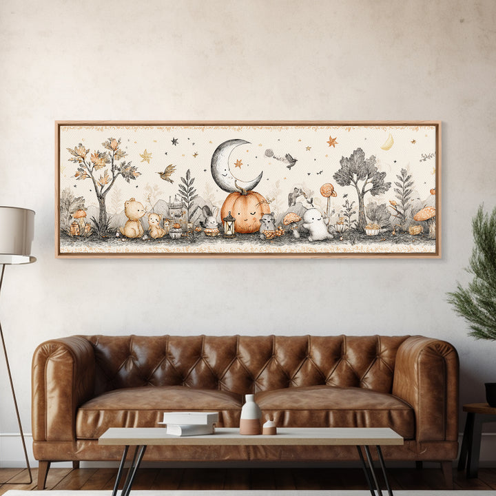 The Smiling Moon Meadow, Hand Sketch Halloween Art, Extra Wide Wall Art, Canvas Print, Cute Halloween Wall Art