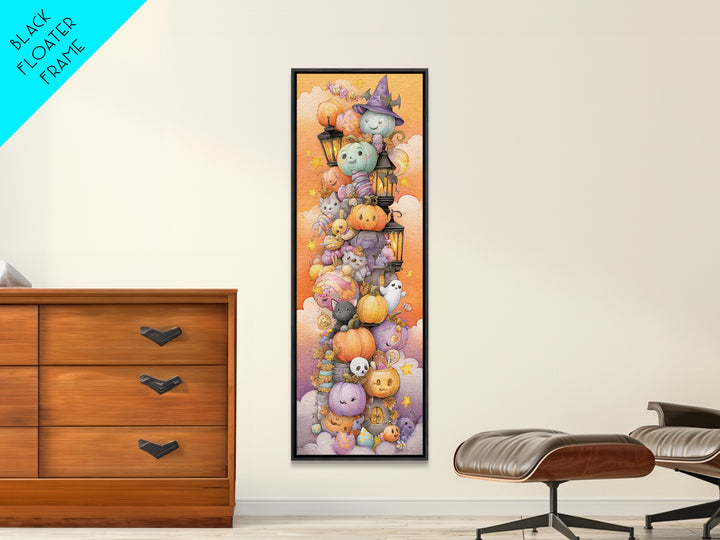 The Festival Of Friendly Frights, Watercolor Halloween Art, Tall Narrow Wall Art, Framed Canvas Print, Cute Halloween Wall Art