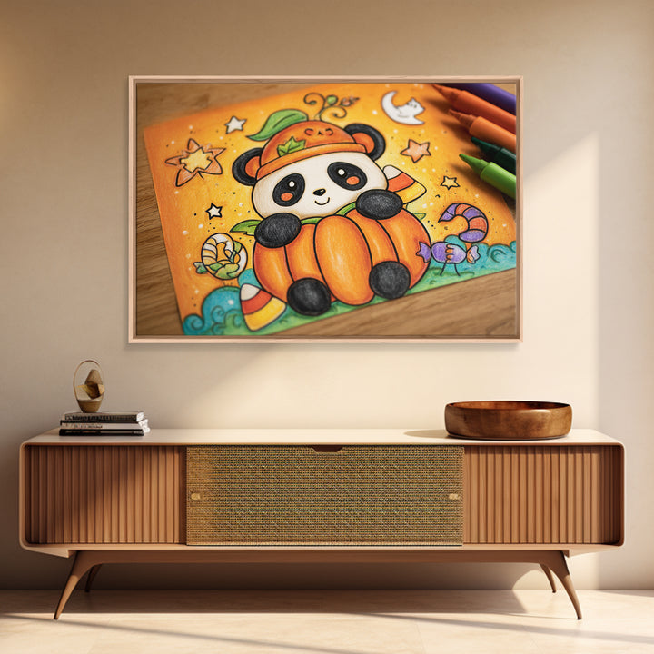 The Panda Pumpkin, Crayon Halloween Art, Landscape Wall Art, Framed Canvas Print, Cute Halloween Wall Art