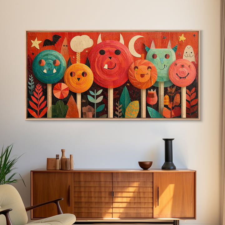 The Friendly Lollipop Monsters, Paper Collage Halloween, Wide Panoramic Art, Framed Canvas Print, Cute Halloween Wall Art