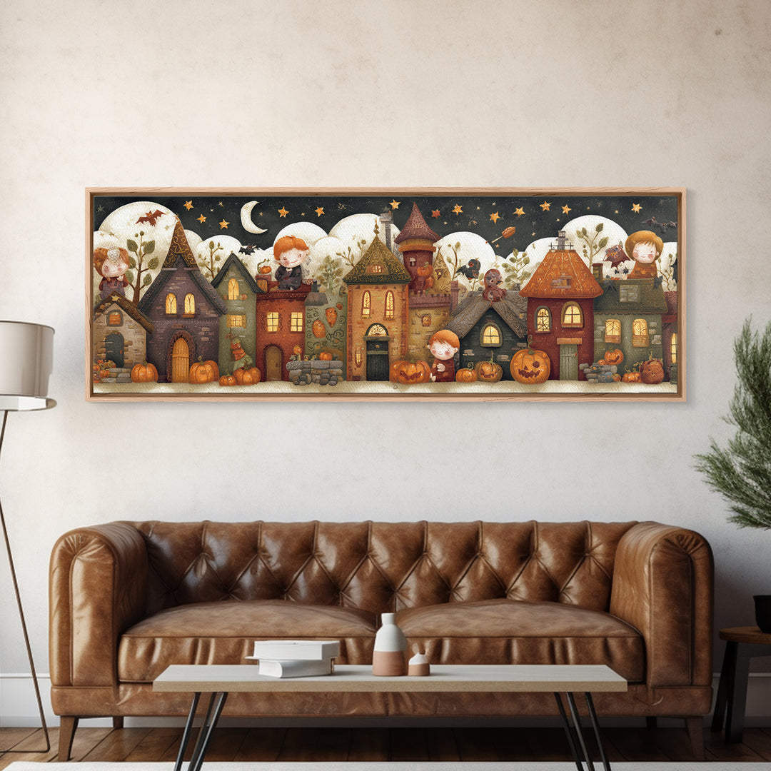 The Trick-Or-Treat Treasure Hunt, Felt Halloween Art, Extra Wide Wall Art, Canvas Print, Cute Halloween Wall Art