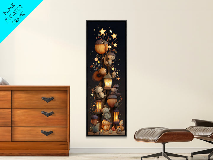 The Acorn Lantern Festival, Clay Halloween Art, Tall Narrow Wall Art, Framed Canvas Print, Cute Halloween Wall Art