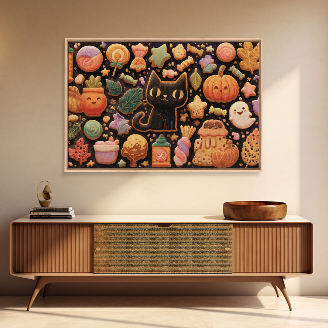 The Black Cat Baker, Kawaii Halloween Art, Landscape Wall Art, Framed Canvas Print, Cute Halloween Wall Art