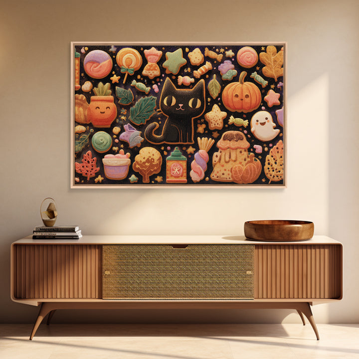 The Black Cat Baker, Kawaii Halloween Art, Landscape Wall Art, Framed Canvas Print, Cute Halloween Wall Art