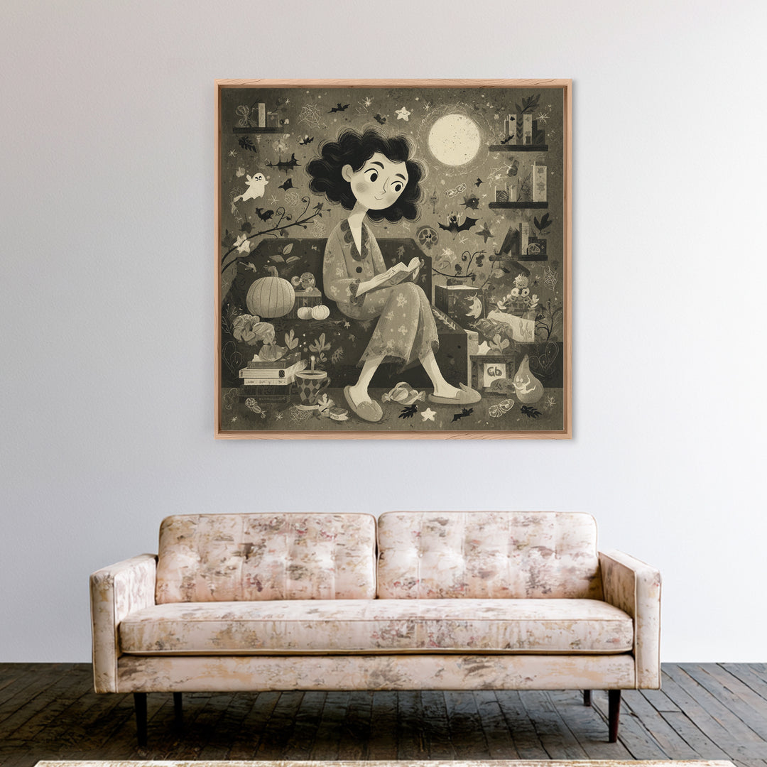 The Moonlight Pajama Witch, Retro Halloween Art, Square Wall Art, Canvas Print, Cute Halloween Wall Art