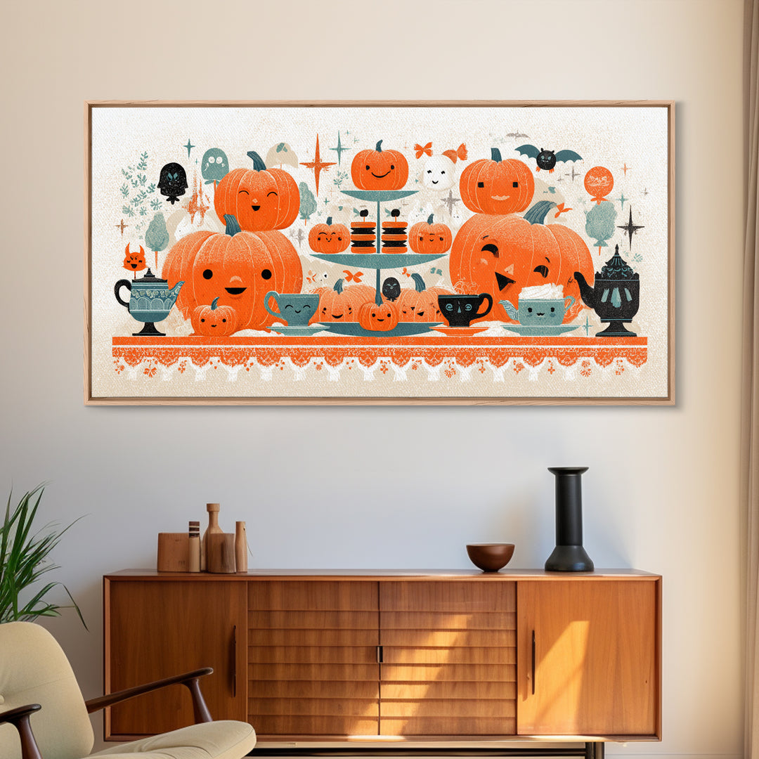 The Pumpkin Tea Party, Screenprint Halloween Art, Wide Panoramic Art, Framed Canvas Print, Cute Halloween Wall Art