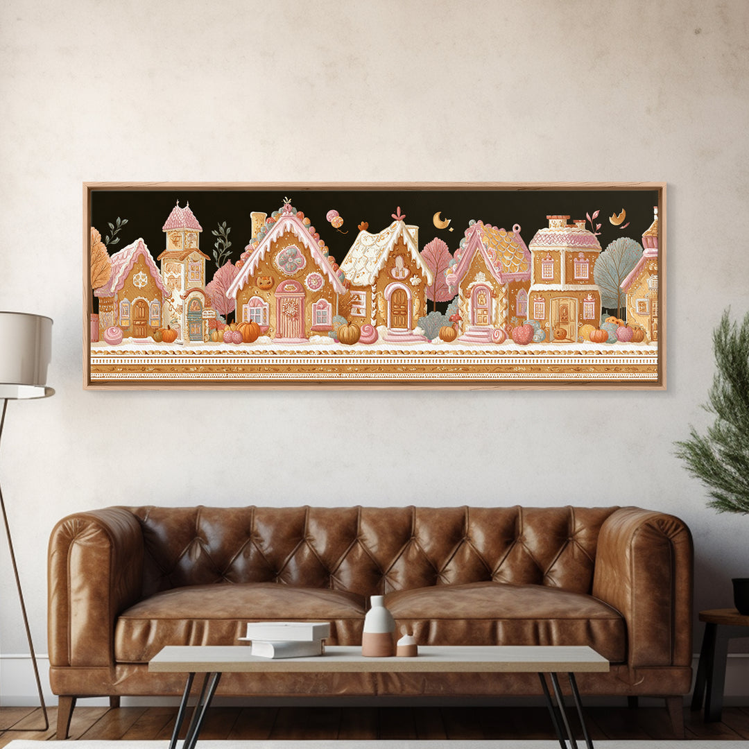 The Halloween Gingerbread Village, Folk Halloween Art, Extra Wide Wall Art, Canvas Print, Cute Halloween Wall Art, Storybook Decor