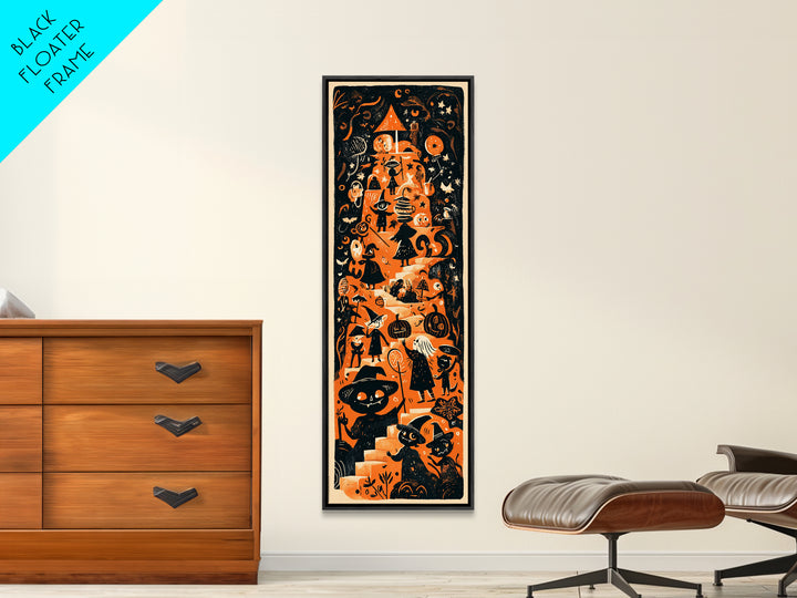 The Witch Hat Ring Toss, Linocut Halloween Art, Tall Narrow Wall Art, Framed Canvas Print, Cute Halloween Wall Art