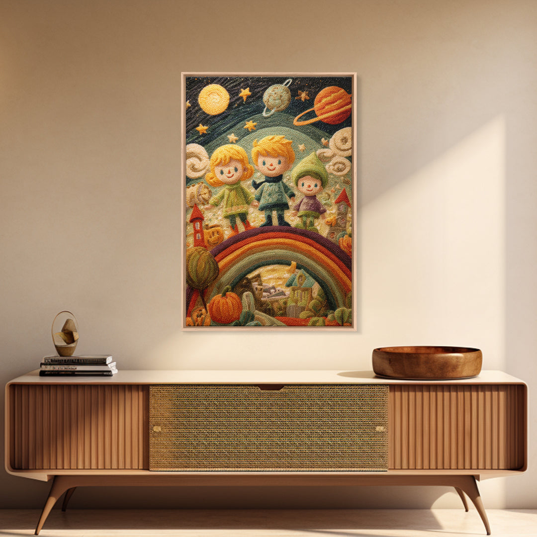The Parade Across The Stars, Embroidered Halloween Art, Vertical Wall Art, Canvas Print, Cute Halloween Wall Art
