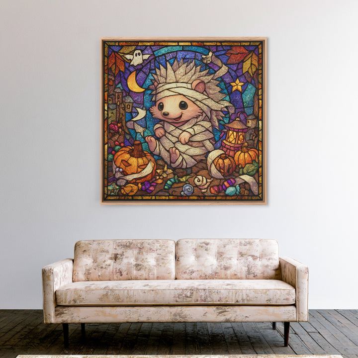 The Hedgehog Mummy, Stained Glass Halloween, Square Wall Art, Canvas Print, Cute Halloween Wall Art, Halloween Kids Decor
