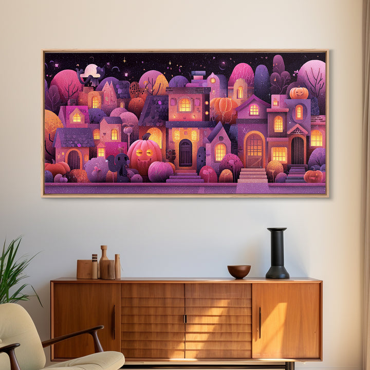 Pumpkin Cottage Lane, Vaporwave Halloween Art, Wide Panoramic Art, Framed Canvas Print, Cute Halloween Wall Art