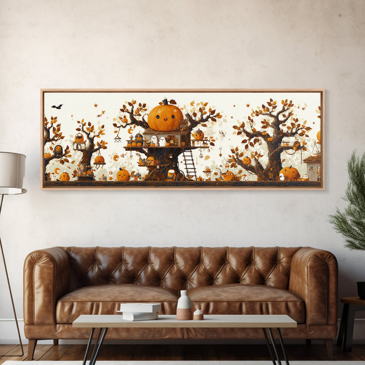 The Pumpkin Treehouse, Pixel Halloween Art, Extra Wide Wall Art, Canvas Print, Cute Halloween Wall Art