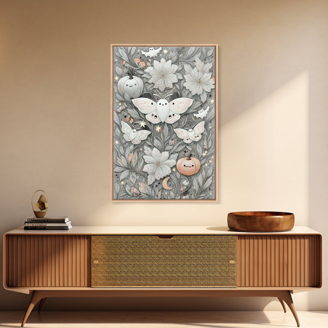 The Moon-Moth Garden, Hand Sketch Halloween Art, Vertical Wall Art, Canvas Print, Cute Halloween Wall Art