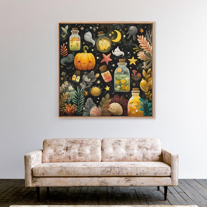 The Apothecary Of Black Seashell Dreams, Gouache Halloween Art, Square Wall Art, Canvas Print, Cute Halloween Wall Art