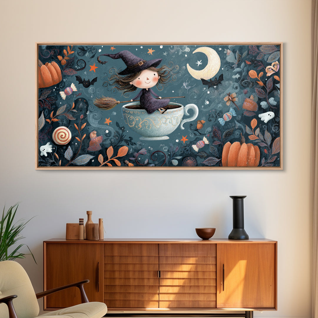 The Teacup Witch, Crayon Halloween Art, Wide Panoramic Art, Framed Canvas Print, Cute Halloween Wall Art
