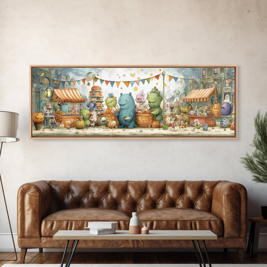 The Friendly Monster Market, Pastel Halloween Art, Extra Wide Wall Art, Canvas Print, Cute Halloween Wall Art