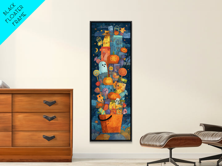 The Candy Basket Sleepover, Paper Collage Halloween, Tall Narrow Wall Art, Framed Canvas Print, Cute Halloween Wall Art