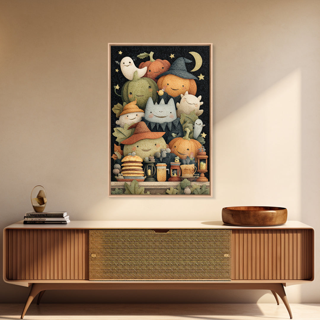 The Pumpkin Pancake Breakfast, Felt Halloween Art, Vertical Wall Art, Canvas Print, Cute Halloween Wall Art
