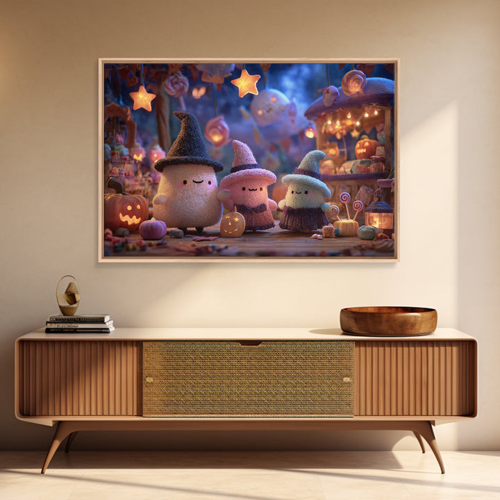 The Magical Costume Workshop, Clay Halloween Art, Landscape Wall Art, Framed Canvas Print, Cute Halloween Wall Art