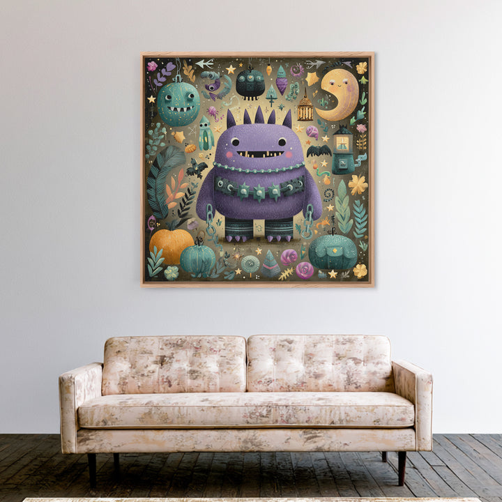 The Moonlit Shoggoth Menagerie, Plush Halloween Art, Square Wall Art, Canvas Print, Cute Halloween Wall Art