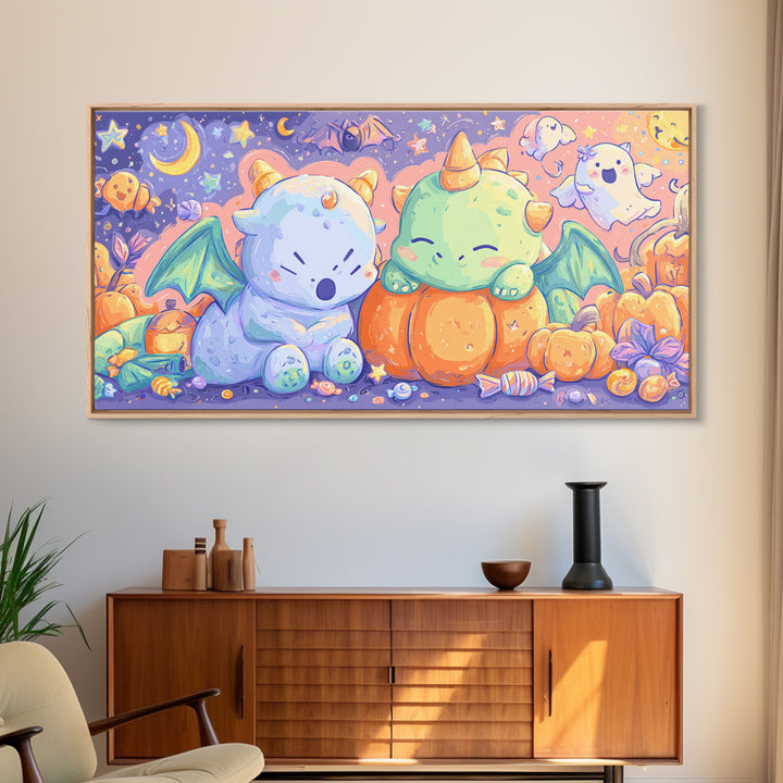 The Sleepy Costume Dragon, Kawaii Halloween Art, Wide Panoramic Art, Framed Canvas Print, Cute Halloween Wall Art