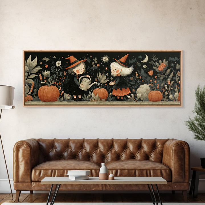 The Moon Garden Witch, Retro Halloween Art, Extra Wide Wall Art, Canvas Print, Cute Halloween Wall Art
