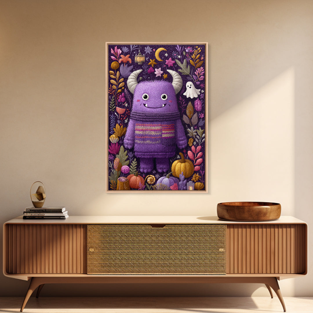 The Fuzzy Purple Monster, Folk Halloween Art, Vertical Wall Art, Canvas Print, Cute Halloween Wall Art