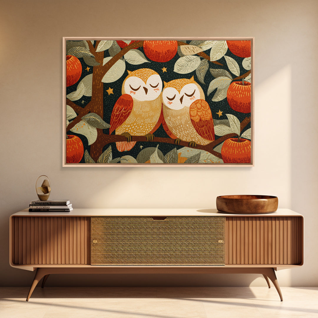 The Sleepy Owl Orchard, Linocut Halloween Art, Landscape Wall Art, Framed Canvas Print, Cute Halloween Wall Art
