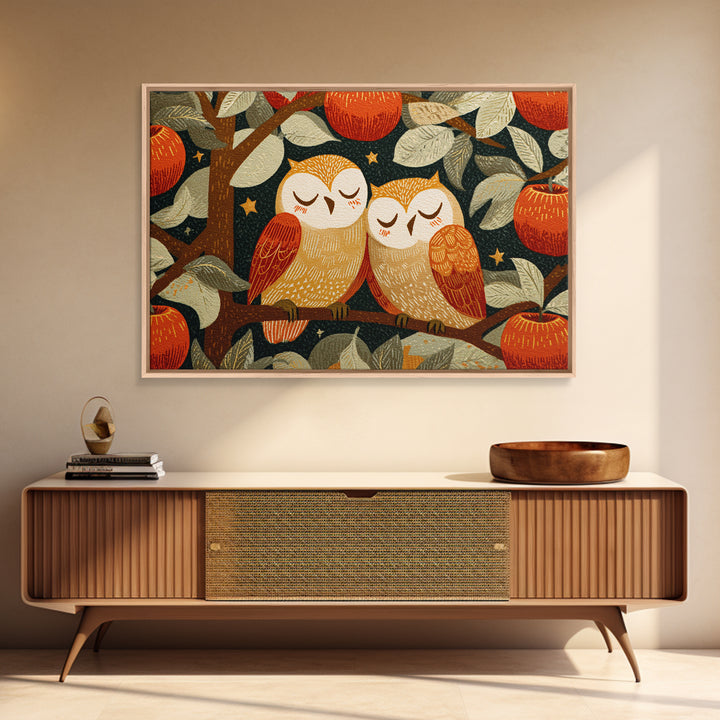 The Sleepy Owl Orchard, Linocut Halloween Art, Landscape Wall Art, Framed Canvas Print, Cute Halloween Wall Art