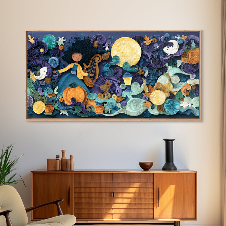 The Harpist Of Abyssal Sleep, Quilled Halloween Art, Wide Panoramic Art, Framed Canvas Print, Cute Halloween Wall Art