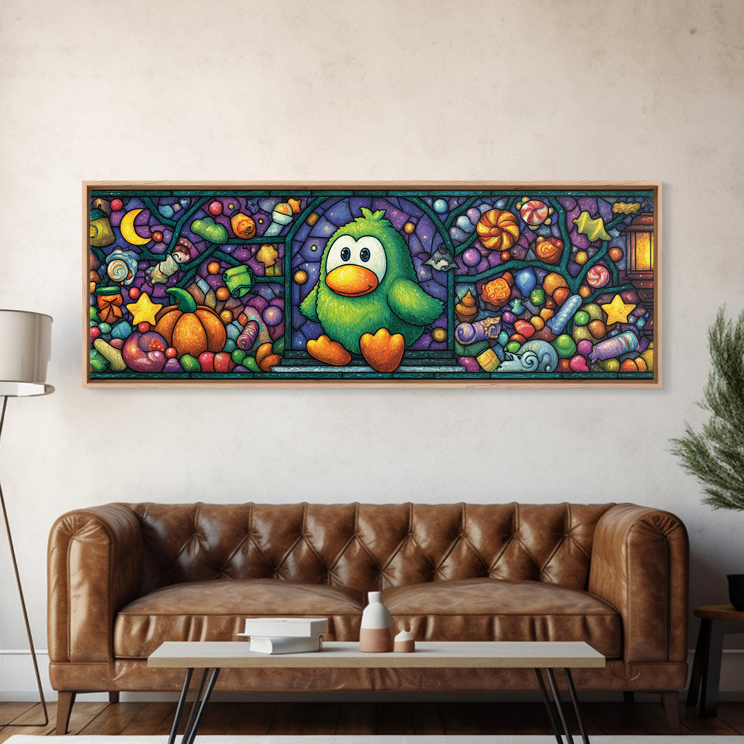The Penguin Monster, Stained Glass Halloween, Extra Wide Wall Art, Canvas Print, Cute Halloween Wall Art