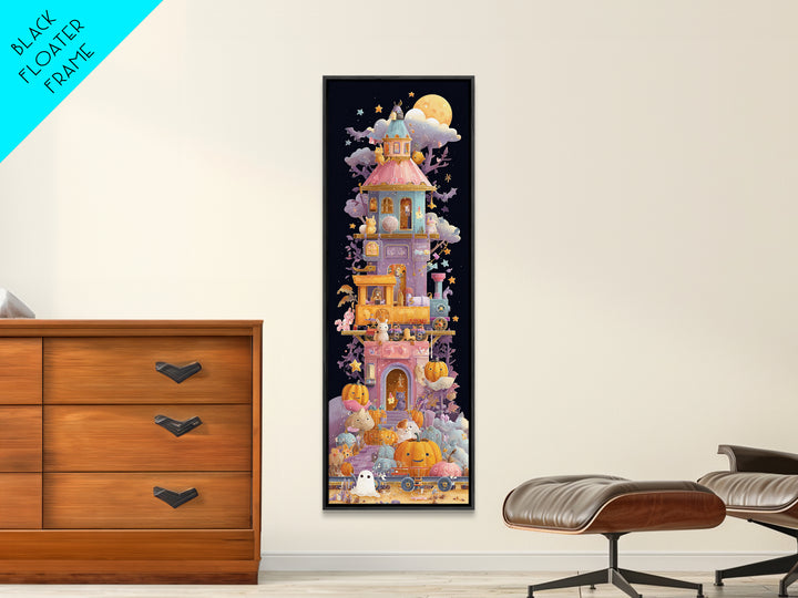 The Pumpkin Train Station, Vaporwave Halloween Art, Tall Narrow Wall Art, Framed Canvas Print, Cute Halloween Wall Art