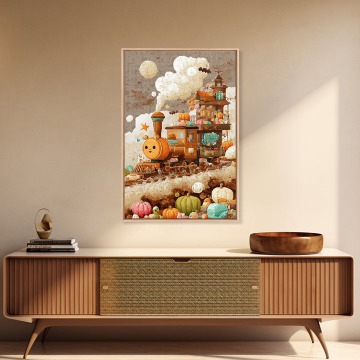 The Chocolate Pumpkin Train, Pixel Halloween Art, Vertical Wall Art, Canvas Print, Cute Halloween Wall Art