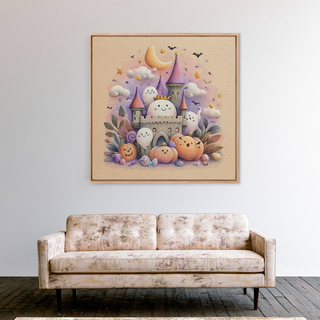 The Halloween Cloud Castle, Hand Sketch Halloween Art, Square Wall Art, Canvas Print, Cute Halloween Wall Art