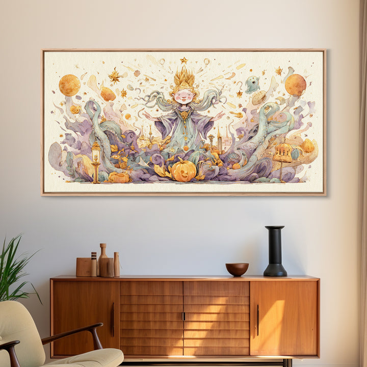 The Crown Of The Tentacled Saint, Watercolor Halloween Art, Wide Panoramic Art, Framed Canvas Print, Cute Halloween Wall Art