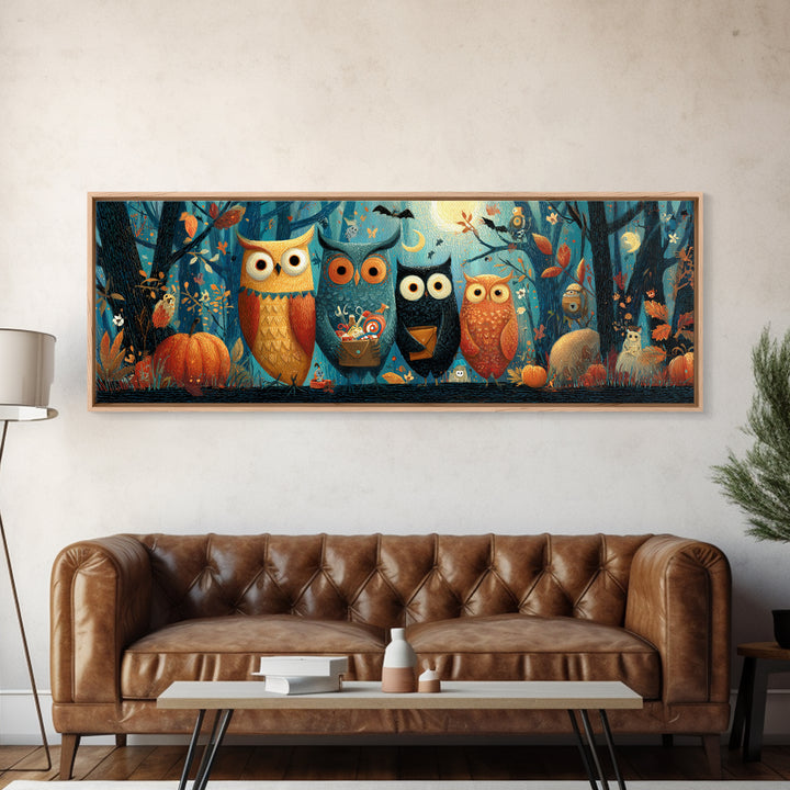 The Owl Postmaster, Gouache Halloween Art, Extra Wide Wall Art, Canvas Print, Cute Halloween Wall Art