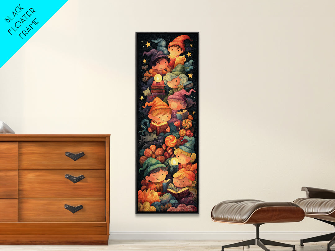The Spellbook Sleepover, Crayon Halloween Art, Tall Narrow Wall Art, Framed Canvas Print, Cute Halloween Wall Art
