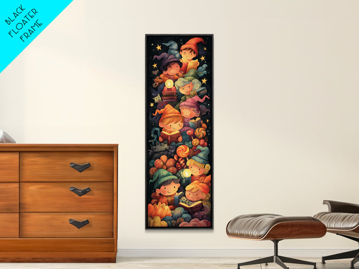 The Spellbook Sleepover, Crayon Halloween Art, Tall Narrow Wall Art, Framed Canvas Print, Cute Halloween Wall Art
