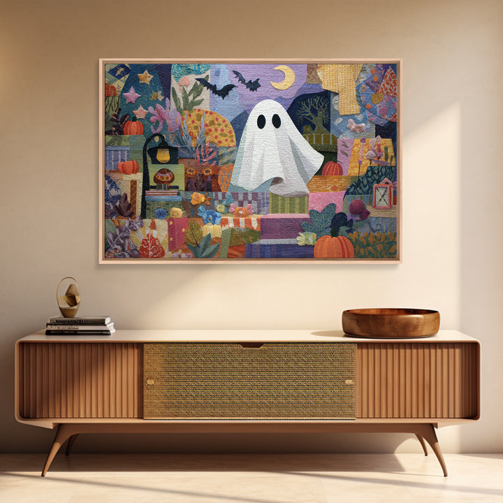 The Sleepy Blanket Ghost, Paper Collage Halloween, Landscape Wall Art, Framed Canvas Print, Cute Halloween Wall Art