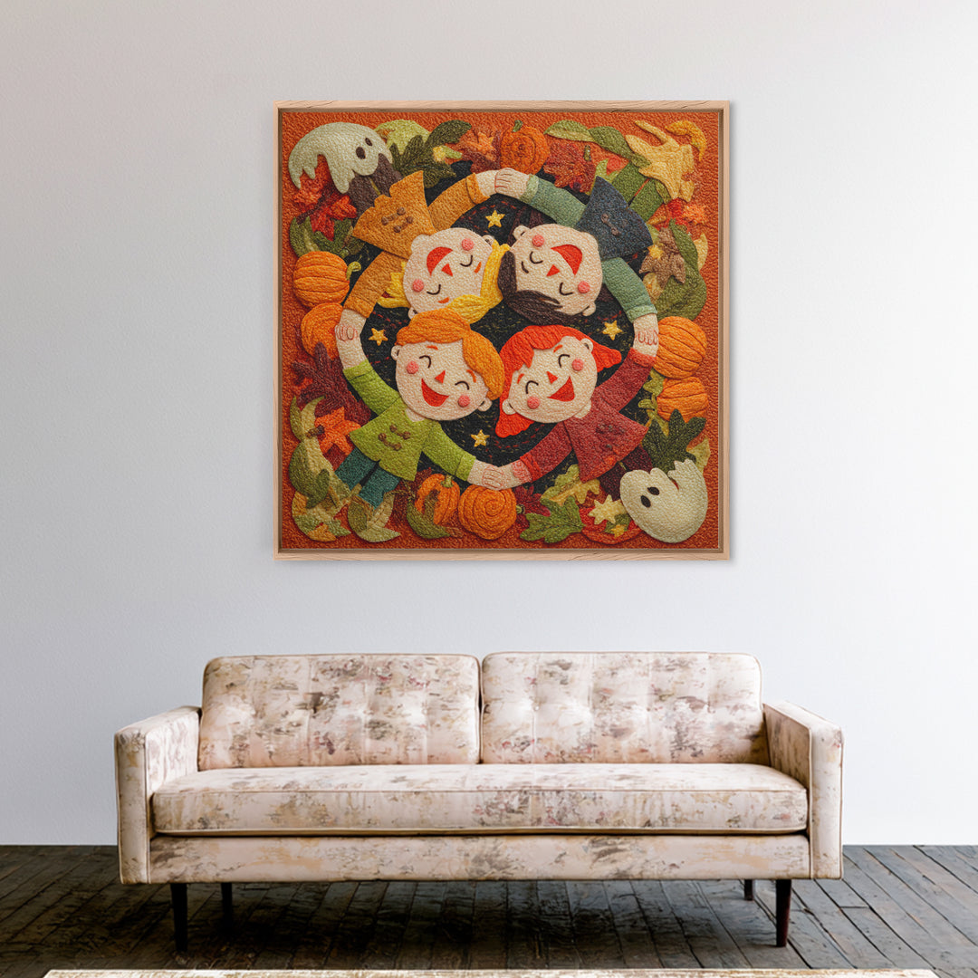 The Dancing Autumn Leaves, Felt Halloween Art, Square Wall Art, Canvas Print, Cute Halloween Wall Art