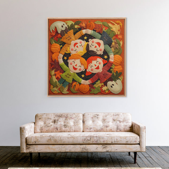 The Dancing Autumn Leaves, Felt Halloween Art, Square Wall Art, Canvas Print, Cute Halloween Wall Art