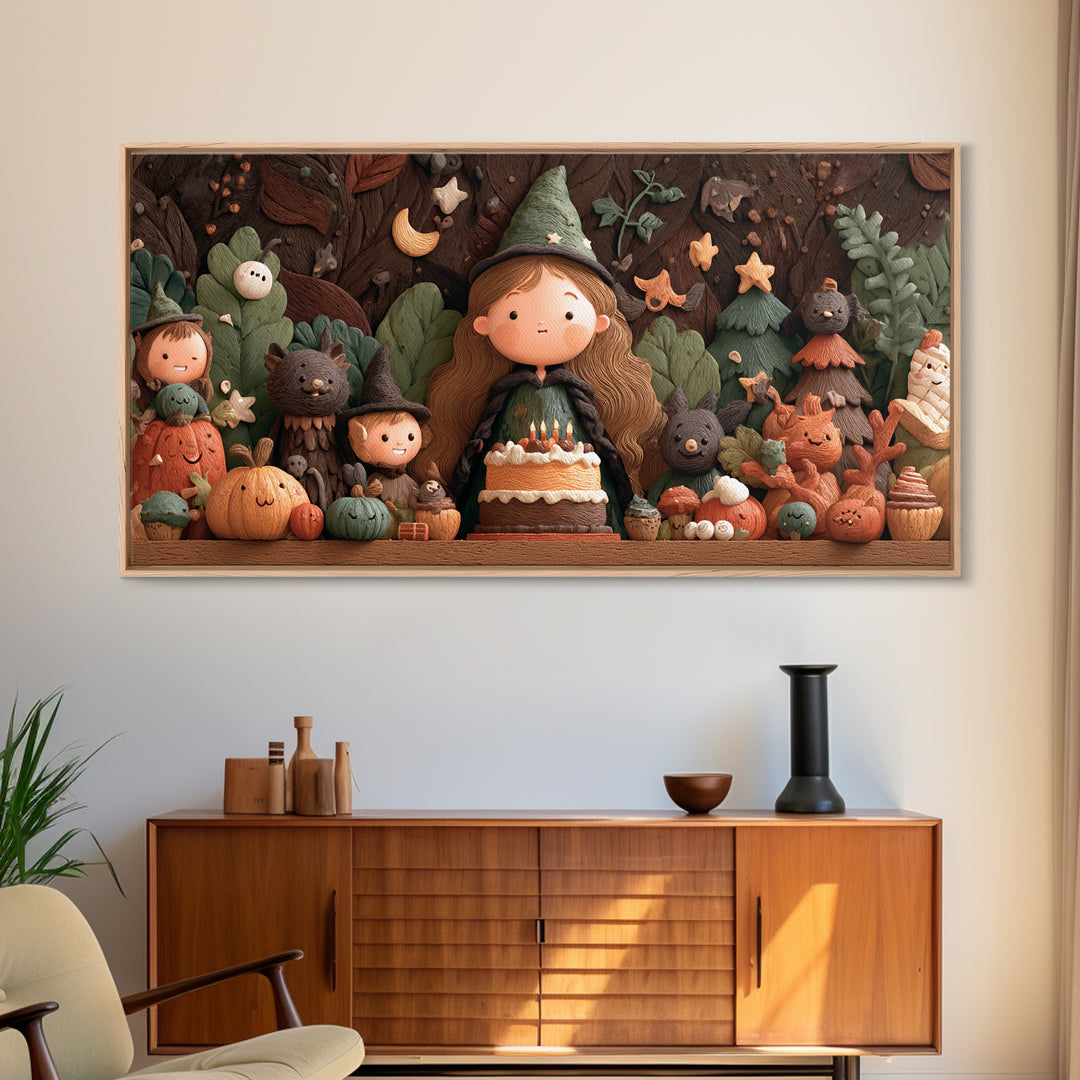 October'S Birthday Party, Clay Halloween Art, Wide Panoramic Art, Framed Canvas Print, Cute Halloween Wall Art
