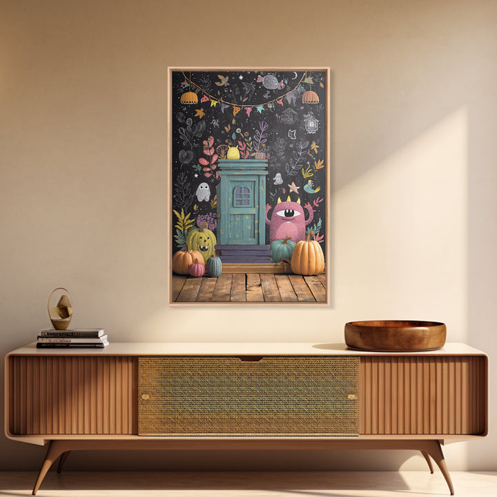 The Little Monster School, Retro Halloween Art, Vertical Wall Art, Canvas Print, Cute Halloween Wall Art