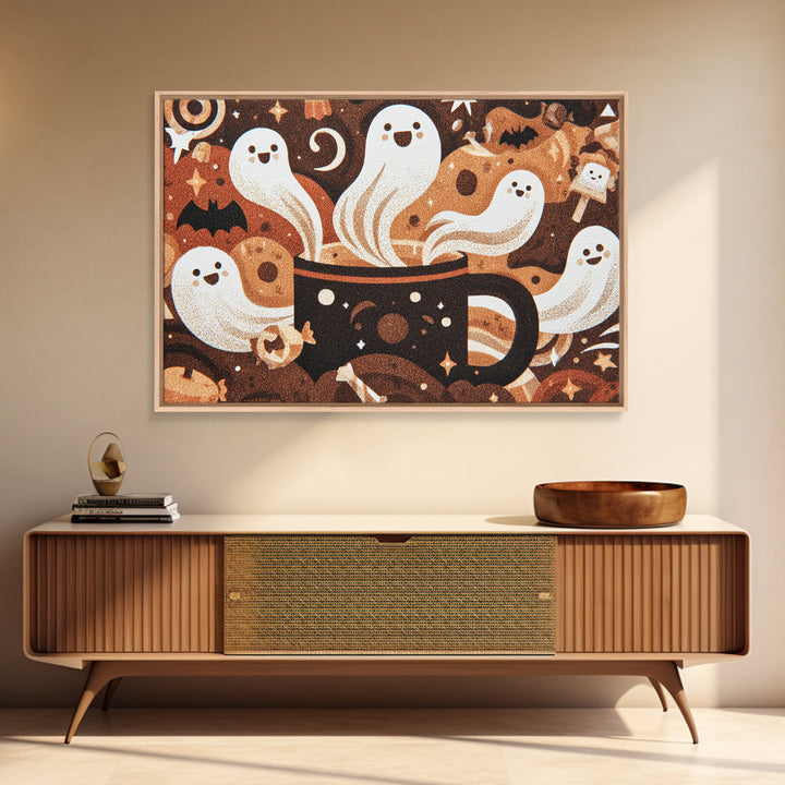 The Marshmallow Ghost Choir, Screenprint Halloween Art, Landscape Wall Art, Framed Canvas Print, Cute Halloween Wall Art