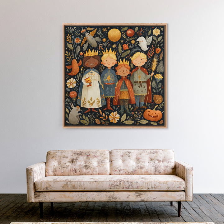 The Costume Parade, Folk Halloween Art, Square Wall Art, Canvas Print, Cute Halloween Wall Art, Halloween Kids Decor