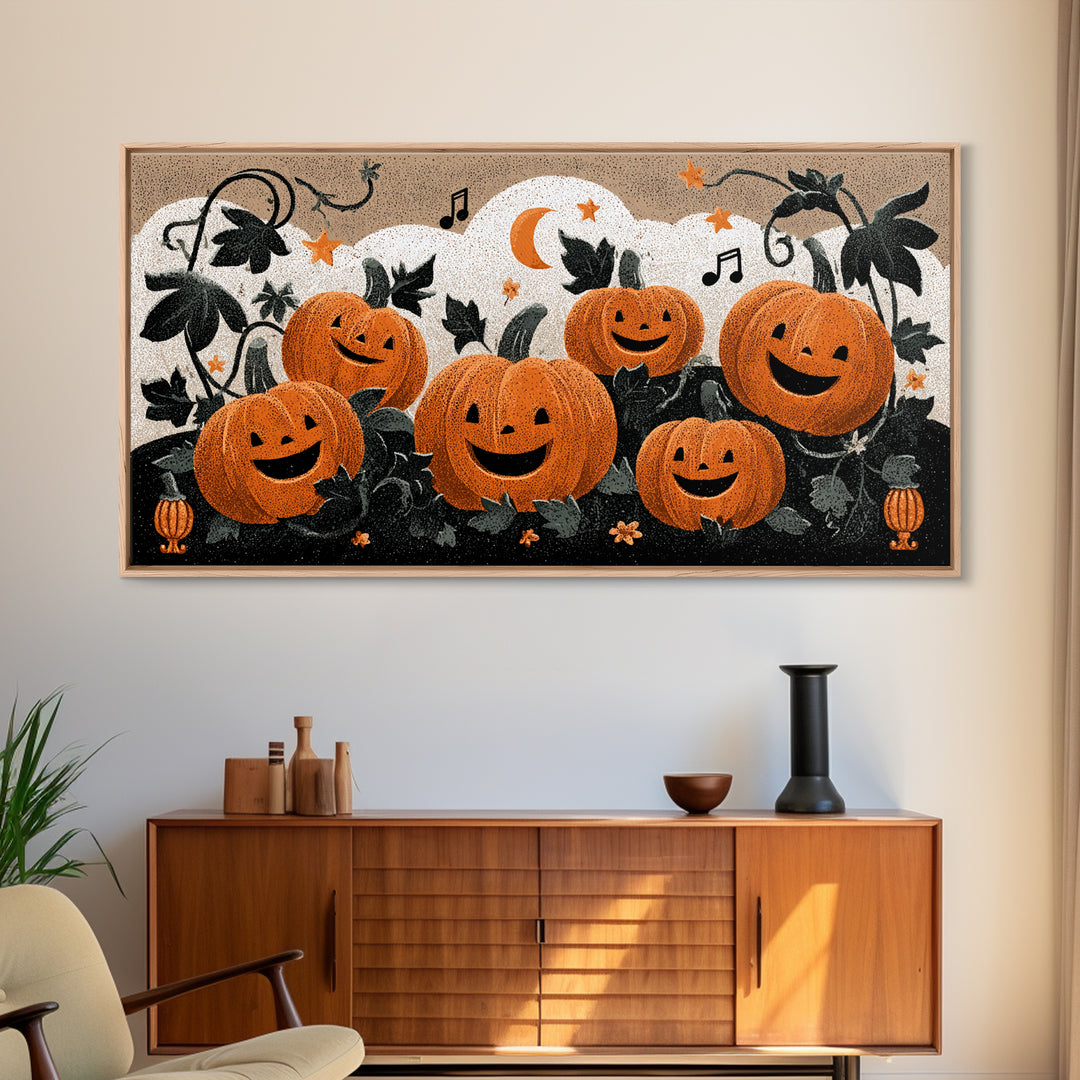 The Singing Pumpkin Patch, Linocut Halloween Art, Wide Panoramic Art, Framed Canvas Print, Cute Halloween Wall Art