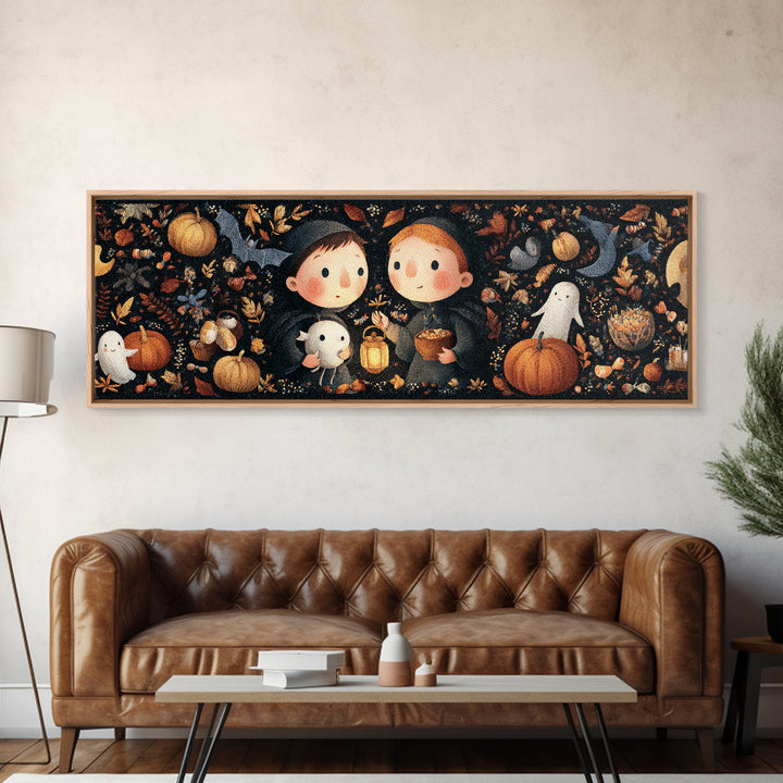 The Child Who Caught A Moon-Spawn, Embroidered Halloween Art, Extra Wide Wall Art, Canvas Print, Cute Halloween Wall Art
