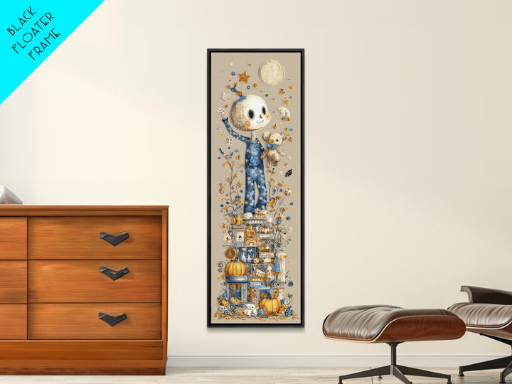 The Pajama Skeleton, Quilled Halloween Art, Tall Narrow Wall Art, Framed Canvas Print, Cute Halloween Wall Art