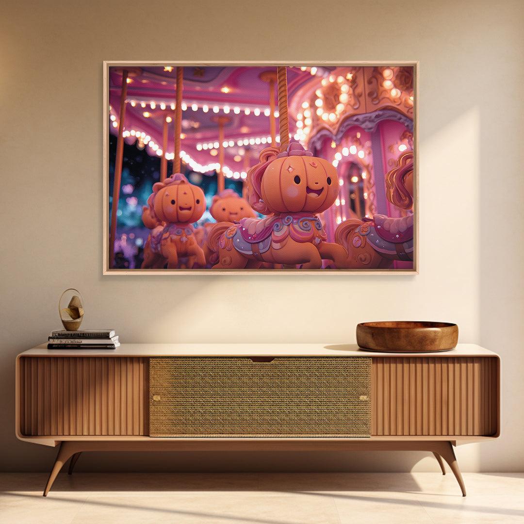 The Pumpkin Carousel, Vaporwave Halloween Art, Landscape Wall Art, Framed Canvas Print, Cute Halloween Wall Art